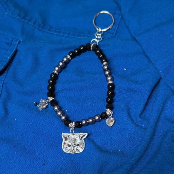 Handmade Accessories - Silver and Black Cat Charm Keychain Grumpy Kitty